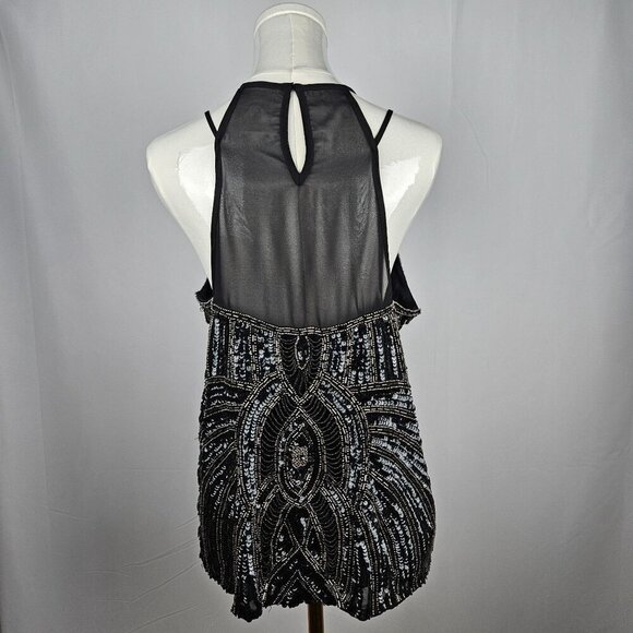 Parker Zane Fully Beaded Black Gold Sequin Silk Halter Tank Top Large - Picture 6 of 14